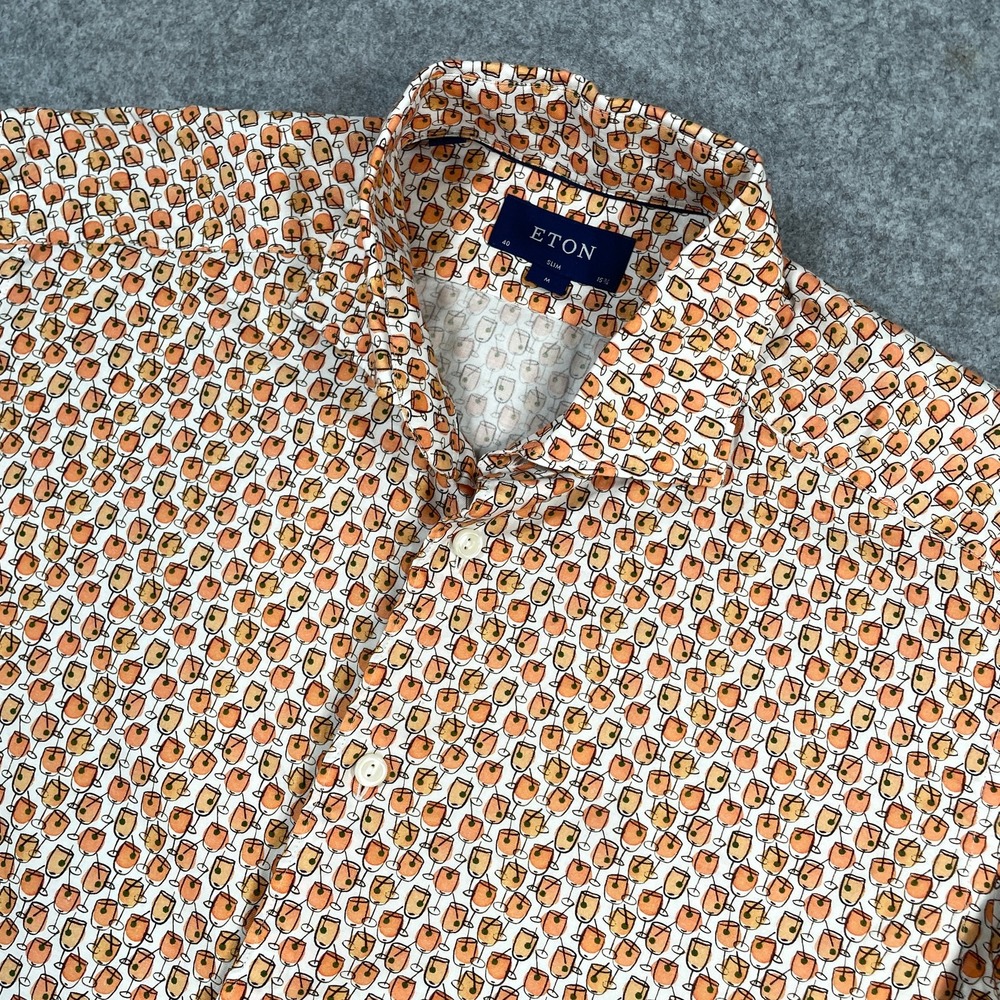 Eton Mens Button Down Shirt 40 15.75 Orange Cocktail Aperol Spritz Slim Silk